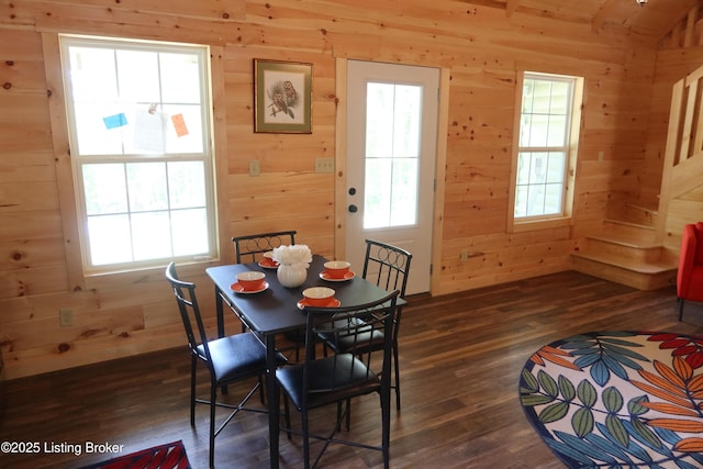 255 Little Cabin Ln, Falls Of Rough, KY 40119 - dining space with dark wood finished floors, wood walls, and healthy amount of natural light