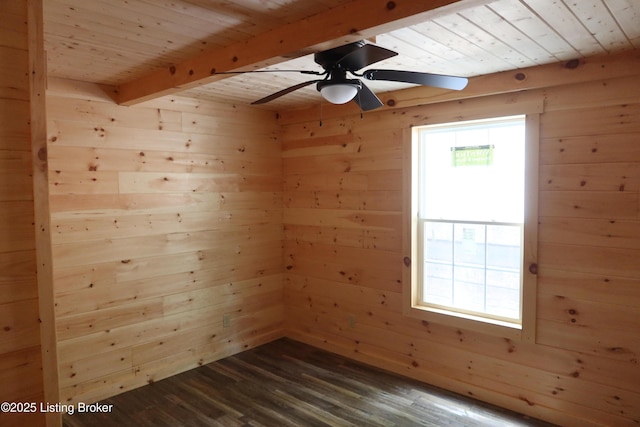 255 Little Cabin Ln, Falls Of Rough, KY 40119 - spare room featuring wood ceiling with exposed beams, wooden walls, dark wood-type flooring, and a ceiling fan