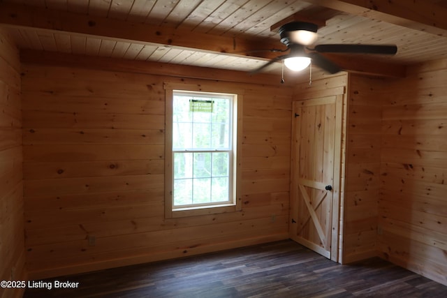 255 Little Cabin Ln, Falls Of Rough, KY 40119 - unfurnished room with wood ceiling with exposed beams, wood walls, dark wood-style flooring, and a ceiling fan