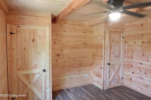 255 Little Cabin Ln, Falls Of Rough, KY 40119 - additional living space with wood ceiling with exposed beams, wood walls, dark wood-style floors, and ceiling fan