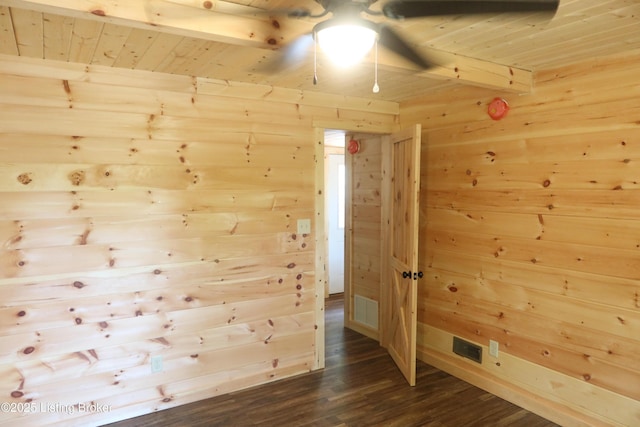 255 Little Cabin Ln, Falls Of Rough, KY 40119 - empty room featuring wood ceiling with exposed beams, wooden walls, and dark wood-type flooring