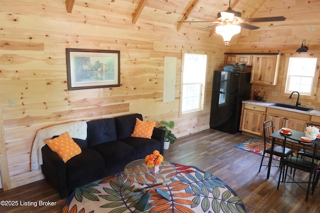 255 Little Cabin Ln, Falls Of Rough, KY 40119 - living area with dark wood-type flooring, wood walls, a ceiling fan, and wooden ceiling