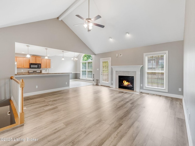 14409 Estate Ridge Blvd, Louisville, KY 40291 - unfurnished living room with beamed ceiling, high vaulted ceiling, ceiling fan, light wood-type flooring, and a fireplace