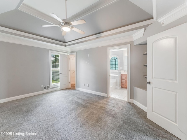 14409 Estate Ridge Blvd, Louisville, KY 40291 - carpeted spare room featuring a tray ceiling, plenty of natural light, a ceiling fan, crown molding, and baseboards