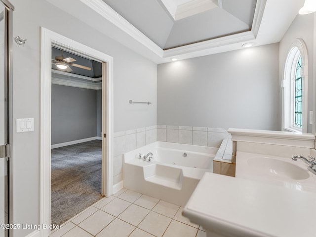 14409 Estate Ridge Blvd, Louisville, KY 40291 - full bath featuring a sink, tile patterned floors, a tub with jets, a raised ceiling, and crown molding