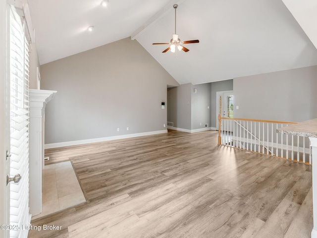 14409 Estate Ridge Blvd, Louisville, KY 40291 - unfurnished living room featuring a ceiling fan, beam ceiling, high vaulted ceiling, wood finished floors, and baseboards