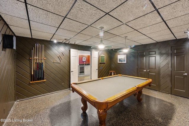 1140 Rostrevor Cir, Louisville, KY 40205 - game room featuring baseboards, a paneled ceiling, speckled floor, pool table, and wooden walls