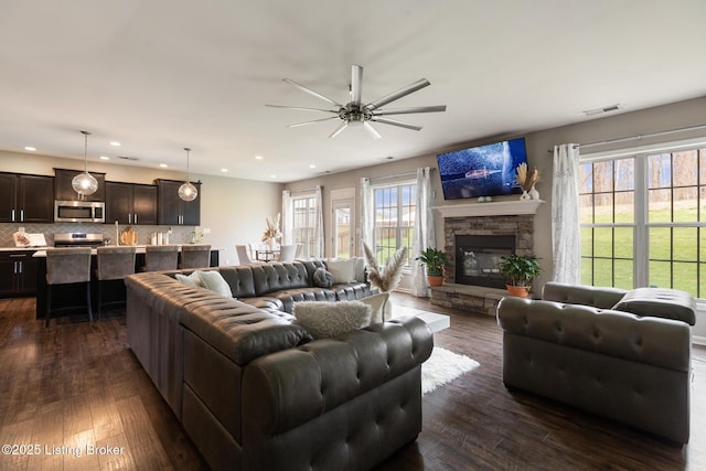6803 Park Vista Way, Louisville, KY 40229 - living area featuring ceiling fan, recessed lighting, dark wood-type flooring, and a fireplace