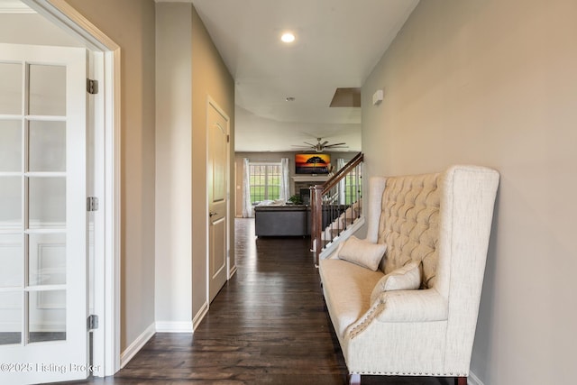 6803 Park Vista Way, Louisville, KY 40229 - hall with dark wood-type flooring, baseboards, recessed lighting, and stairs