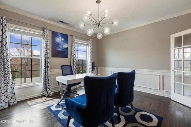 6803 Park Vista Way, Louisville, KY 40229 - office area with a chandelier, crown molding, wood finished floors, and a wainscoted wall