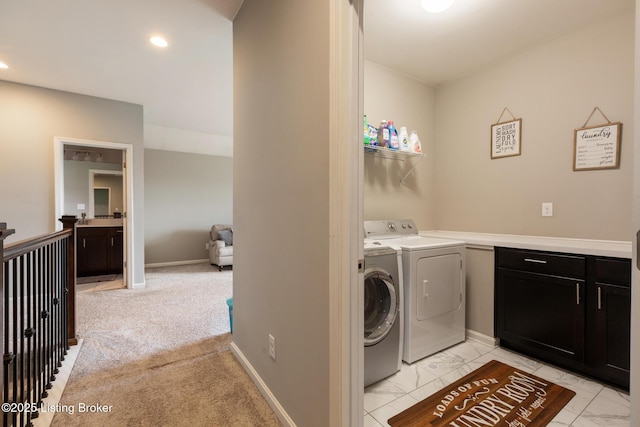 6803 Park Vista Way, Louisville, KY 40229 - laundry room with washing machine and dryer, baseboards, recessed lighting, and light marble finish floors