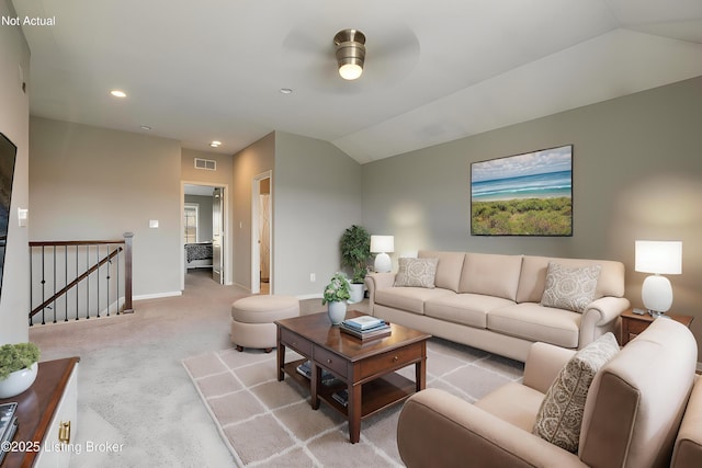 6803 Park Vista Way, Louisville, KY 40229 - living area with lofted ceiling, carpet, a ceiling fan, baseboards, and recessed lighting