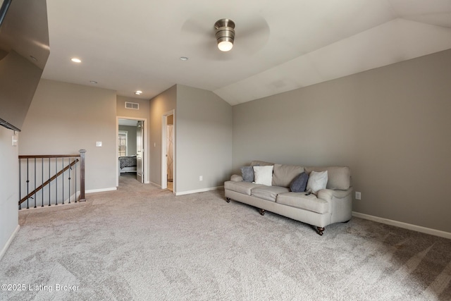 6803 Park Vista Way, Louisville, KY 40229 - living area with a ceiling fan, carpet floors, baseboards, vaulted ceiling, and recessed lighting