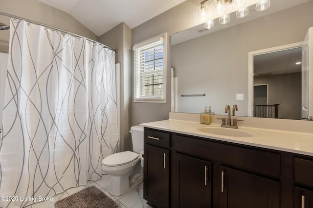 6803 Park Vista Way, Louisville, KY 40229 - bathroom with toilet, vanity, curtained shower, and vaulted ceiling