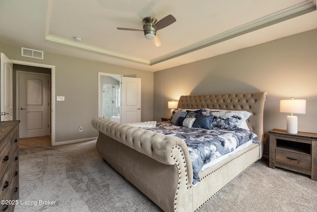 6803 Park Vista Way, Louisville, KY 40229 - bedroom with a tray ceiling, carpet flooring, baseboards, ensuite bathroom, and ceiling fan