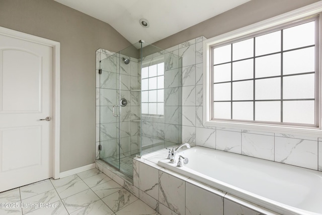 6803 Park Vista Way, Louisville, KY 40229 - bathroom with a marble finish shower, marble finish floors, a garden tub, lofted ceiling, and baseboards