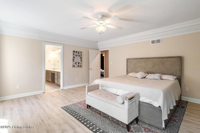 4705 Holly Forest Ct, Louisville, KY 40245 - bedroom featuring ornamental molding, light wood-style flooring, baseboards, ceiling fan, and connected bathroom