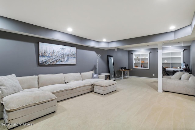 4705 Holly Forest Ct, Louisville, KY 40245 - living room featuring light carpet, baseboards, recessed lighting, and built in shelves
