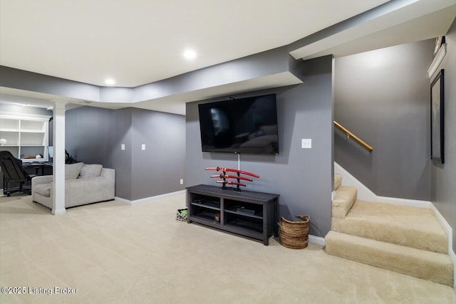 4705 Holly Forest Ct, Louisville, KY 40245 - carpeted living room featuring stairway, baseboards, and recessed lighting