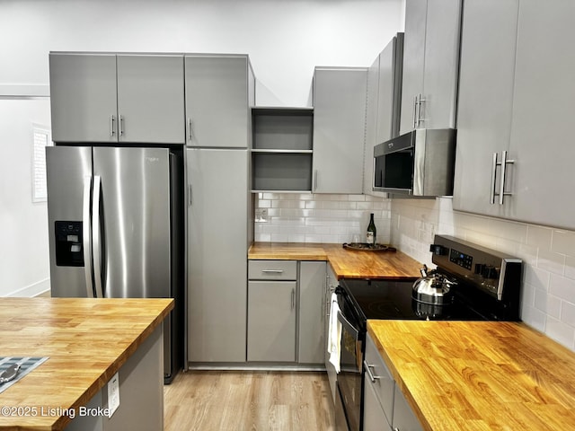 445 Marret Ave, Louisville, KY 40208 - kitchen with wood counters, appliances with stainless steel finishes, gray cabinets, open shelves, and decorative backsplash