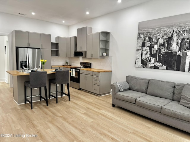 445 Marret Ave, Louisville, KY 40208 - kitchen with wood counters, gray cabinetry, appliances with stainless steel finishes, open shelves, and light wood-style flooring