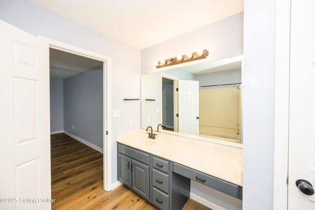 198 Cecilia Smiths Mill Rd, Cecilia, KY 42724 - full bathroom featuring vanity, wood finished floors, baseboards, and a shower