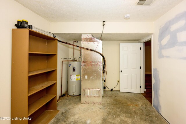 198 Cecilia Smiths Mill Rd, Cecilia, KY 42724 - basement featuring electric water heater, heating unit, and a textured ceiling