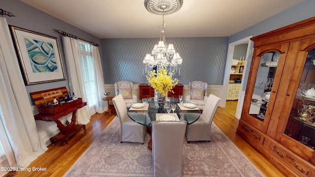 103 Morgan Ct, Bardstown, KY 40004 - dining room featuring a chandelier, wood finished floors, wallpapered walls, and wainscoting