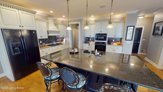 103 Morgan Ct, Bardstown, KY 40004 - kitchen featuring black appliances, custom exhaust hood, a sink, backsplash, and crown molding