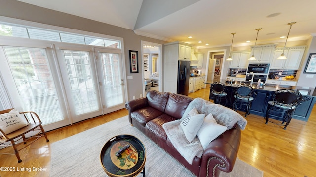 103 Morgan Ct, Bardstown, KY 40004 - living room featuring crown molding, lofted ceiling, light wood-style floors, and recessed lighting