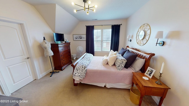 103 Morgan Ct, Bardstown, KY 40004 - bedroom with carpet, a chandelier, baseboards, and vaulted ceiling
