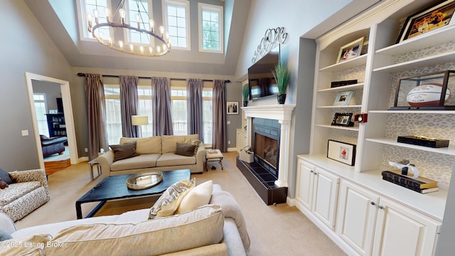 103 Morgan Ct, Bardstown, KY 40004 - living area featuring a tile fireplace, light colored carpet, baseboards, healthy amount of natural light, and a towering ceiling