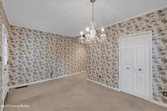5212 Mary Clayton Ln, Crestwood, KY 40014 - carpeted spare room featuring a chandelier, ornamental molding, and wallpapered walls