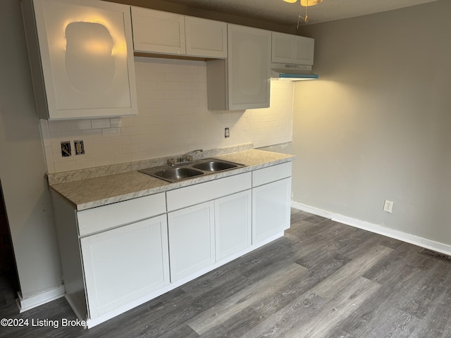 822 S Hancock St, Louisville, KY 40203 - kitchen featuring a sink, white cabinets, dark wood-type flooring, and tasteful backsplash