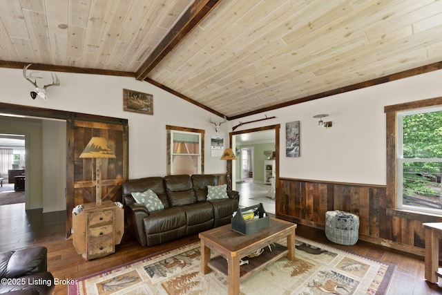 684 Cheslon Rd, Munfordville, KY 42765 - living area with wainscoting, wood-type flooring, healthy amount of natural light, wooden ceiling, and wooden walls