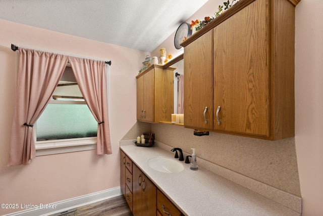 684 Cheslon Rd, Munfordville, KY 42765 - bathroom with vanity, baseboards, and wood finished floors