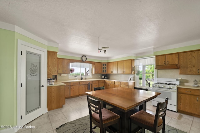 684 Cheslon Rd, Munfordville, KY 42765 - kitchen with white gas range, brown cabinets, plenty of natural light, a sink, and a textured ceiling