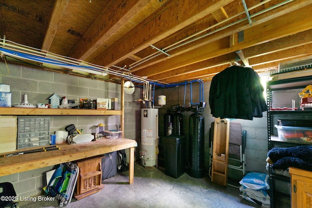 684 Cheslon Rd, Munfordville, KY 42765 - unfinished basement featuring water heater, concrete block wall, and a water softener