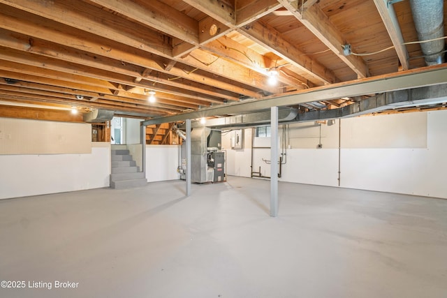 9707 Gateway Dr, Louisville, KY 40299 - basement with stairway, heating unit, and electric panel