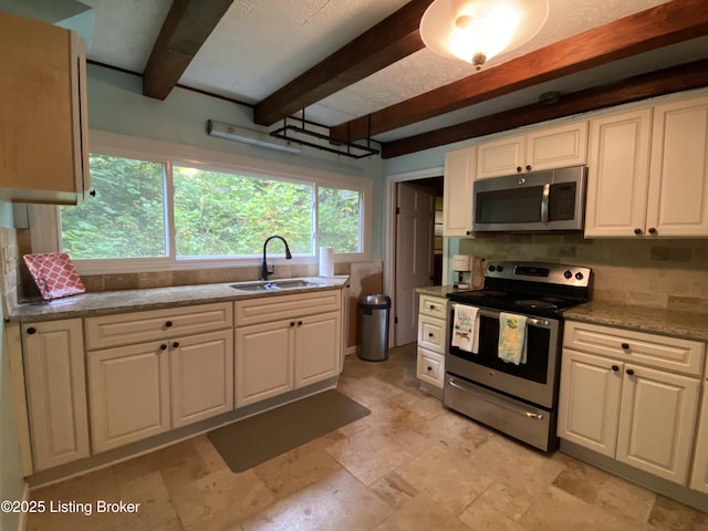 682 Hornback Mill Ln, Leitchfield, KY 42754 - kitchen with stainless steel appliances, a sink, beam ceiling, backsplash, and white cabinetry