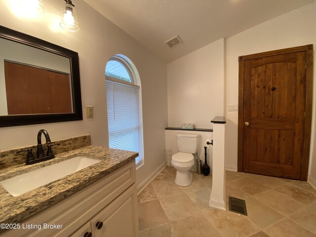682 Hornback Mill Ln, Leitchfield, KY 42754 - bathroom featuring vaulted ceiling, vanity, toilet, and baseboards
