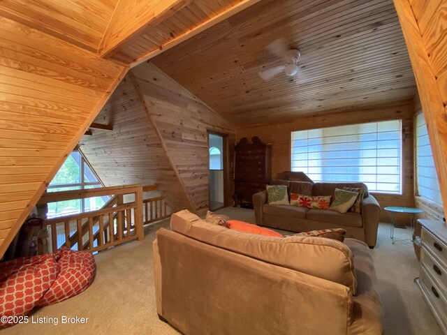 682 Hornback Mill Ln, Leitchfield, KY 42754 - living room with carpet, plenty of natural light, lofted ceiling, wood ceiling, and wood walls