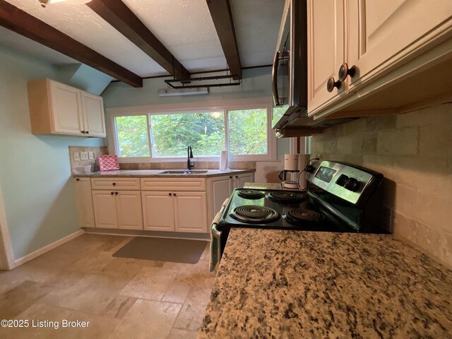 682 Hornback Mill Ln, Leitchfield, KY 42754 - kitchen featuring a sink, stainless steel range with electric cooktop, beam ceiling, white cabinets, and baseboards