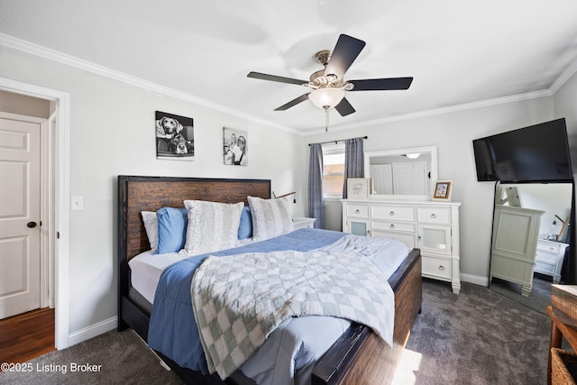 7513 Merlyn Cir, Louisville, KY 40214 - bedroom with ornamental molding, baseboards, ceiling fan, and dark carpet