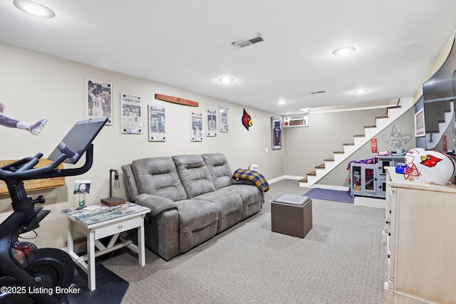 7513 Merlyn Cir, Louisville, KY 40214 - living area featuring stairs, carpet, baseboards, and recessed lighting