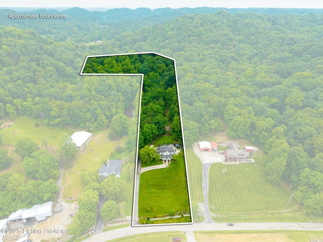 4011 Serendipity Ln, Louisville, KY 40272 - aerial view of property and surrounding area featuring a heavily wooded area and property parcel outlined