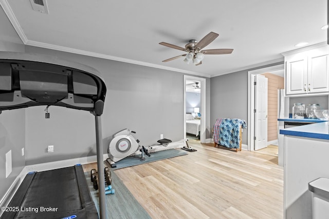 4011 Serendipity Ln, Louisville, KY 40272 - exercise room featuring baseboards, ceiling fan, light wood finished floors, ornamental molding, and recessed lighting