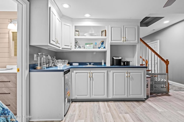 4011 Serendipity Ln, Louisville, KY 40272 - indoor wet bar with light wood-type flooring, stairway, recessed lighting, and baseboards