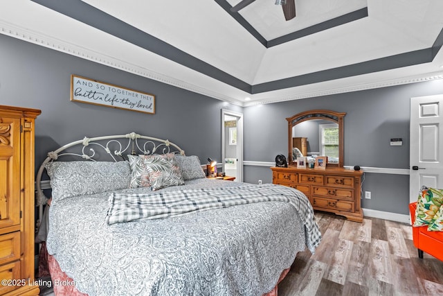 4011 Serendipity Ln, Louisville, KY 40272 - bedroom with wood finished floors, a raised ceiling, ceiling fan, ornamental molding, and baseboards