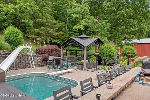 4011 Serendipity Ln, Louisville, KY 40272 - view of pool with a gazebo, a patio, a water slide, an outdoor hangout area, and a diving board
